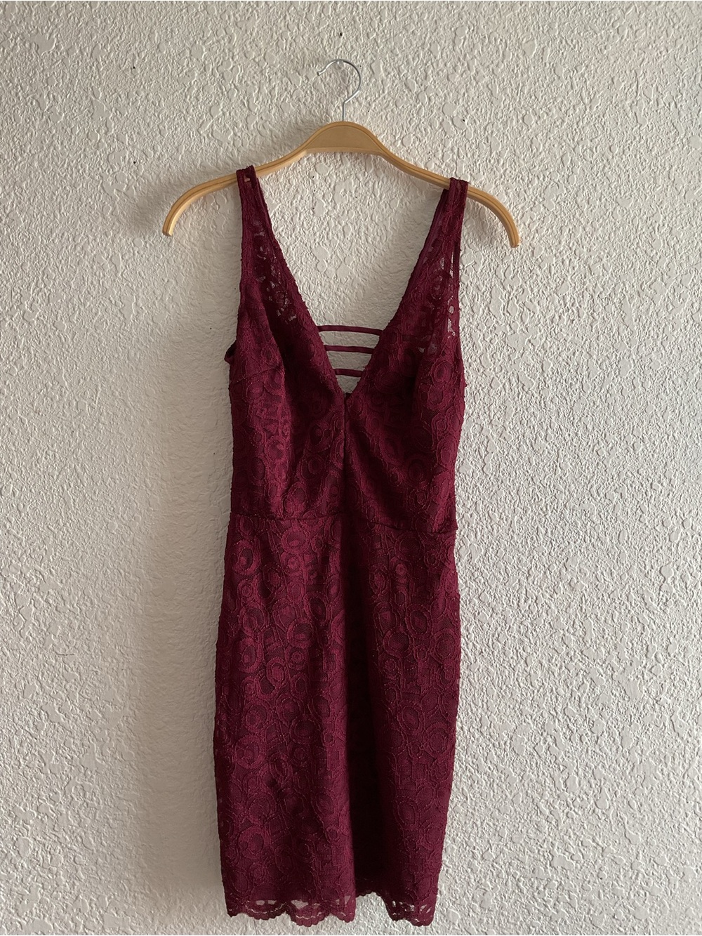 B Darlin Burgundy Lace Mini Dress